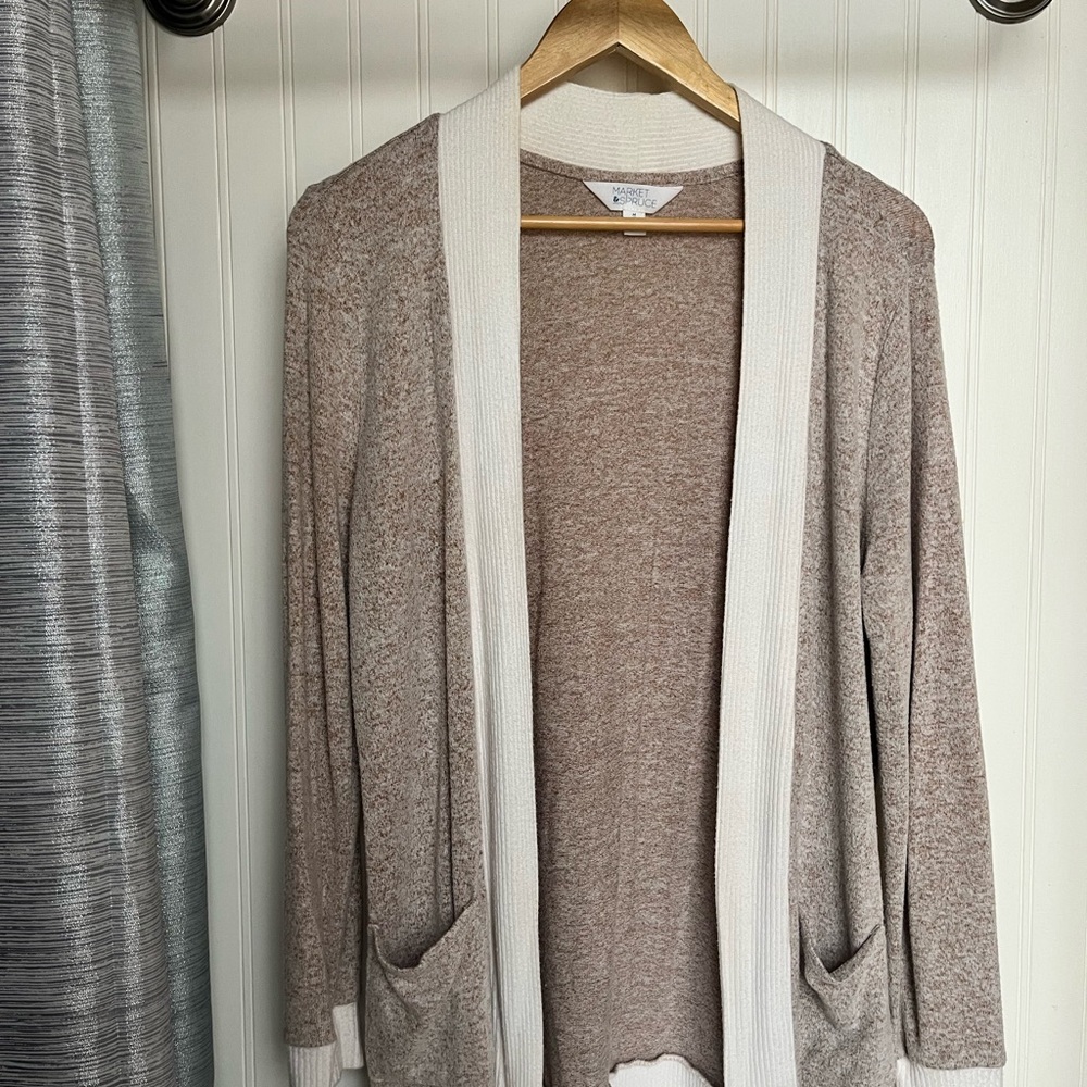Barefoot Dreams Open-Front Cardigan in Taupe with Cream Trim